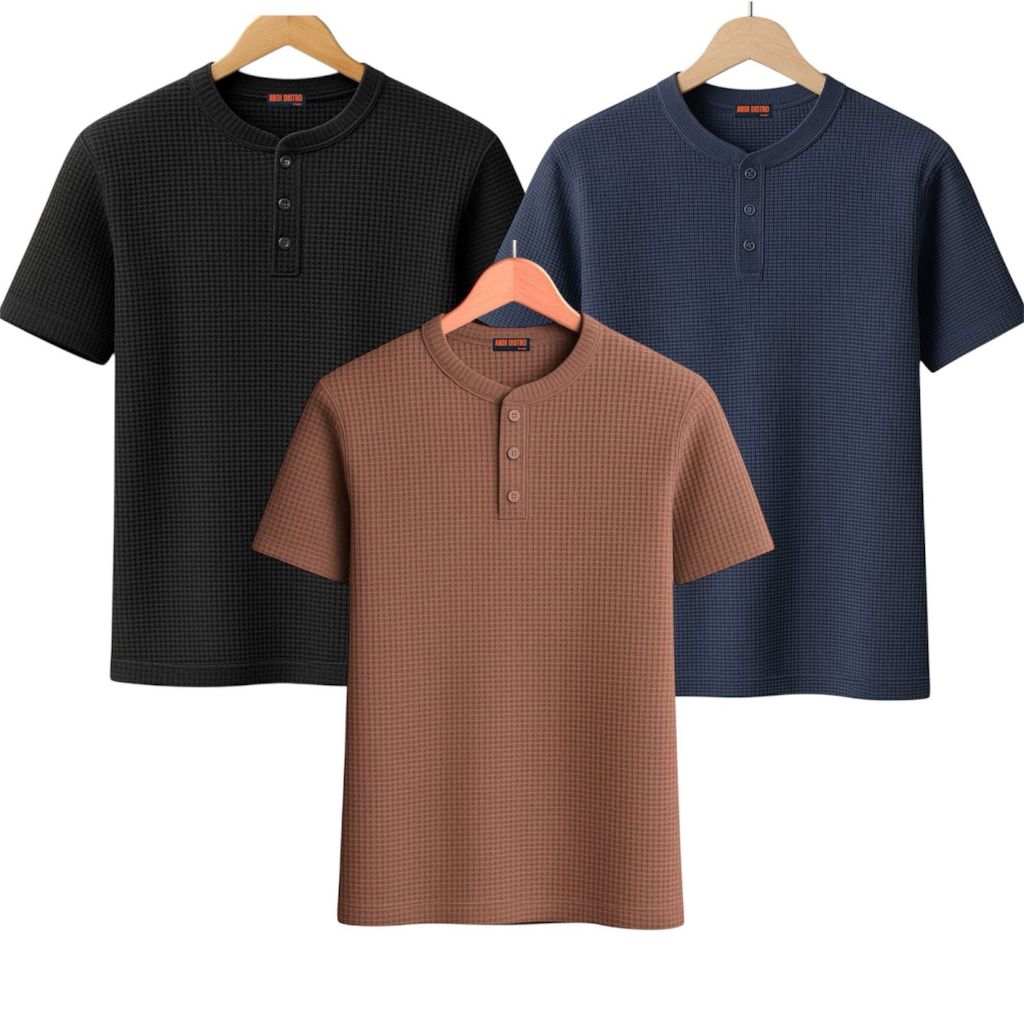 PAKET 3 POTONG KNIT WAFFLE KAOS KANCING PENDEK KRAH SANGHAY PRIA TERLARIS