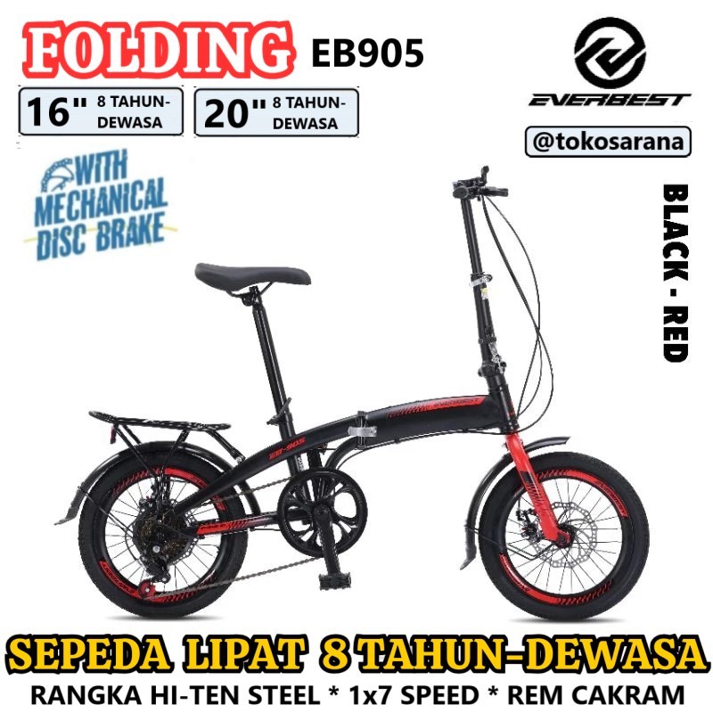 Everbest Sepeda Lipat EB905 16 / 20 Inci Rangka Steel 1x7 Speed Rem Disc Brake Anak 8 Tahun Dewasa