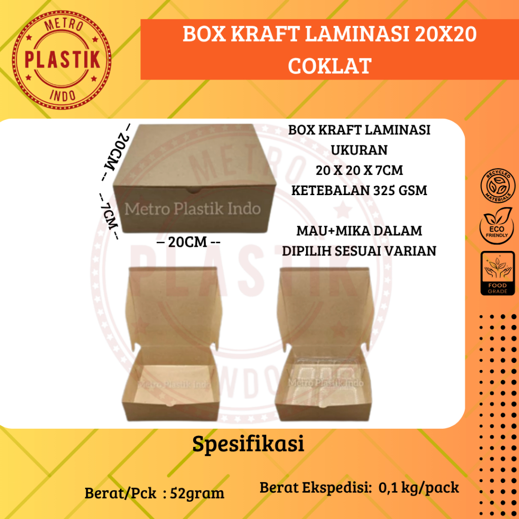 

Box Kraft Laminasi 20x20 | Kotak Nasi | Dus Kemasan Makanan 20 x 20 Coklat