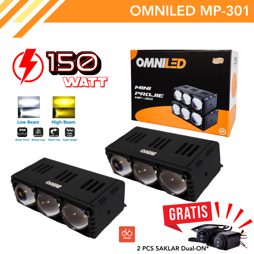 Omniled By Orios MP301 MP 301 Lampu Mini Projie LED 3 Mata 150 Watt Motor Mobil Blue Lens X3 Foglamp