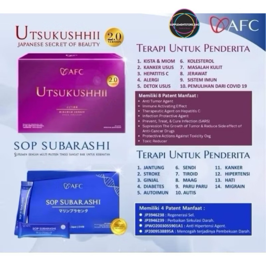 

1 BOX AFC SOP SUBARASHI UTSUKUSHHII UTSU GOLD HIKARI ORIGINAL JAPAN Suplemen Diabetes Jantung Stroke BPOM