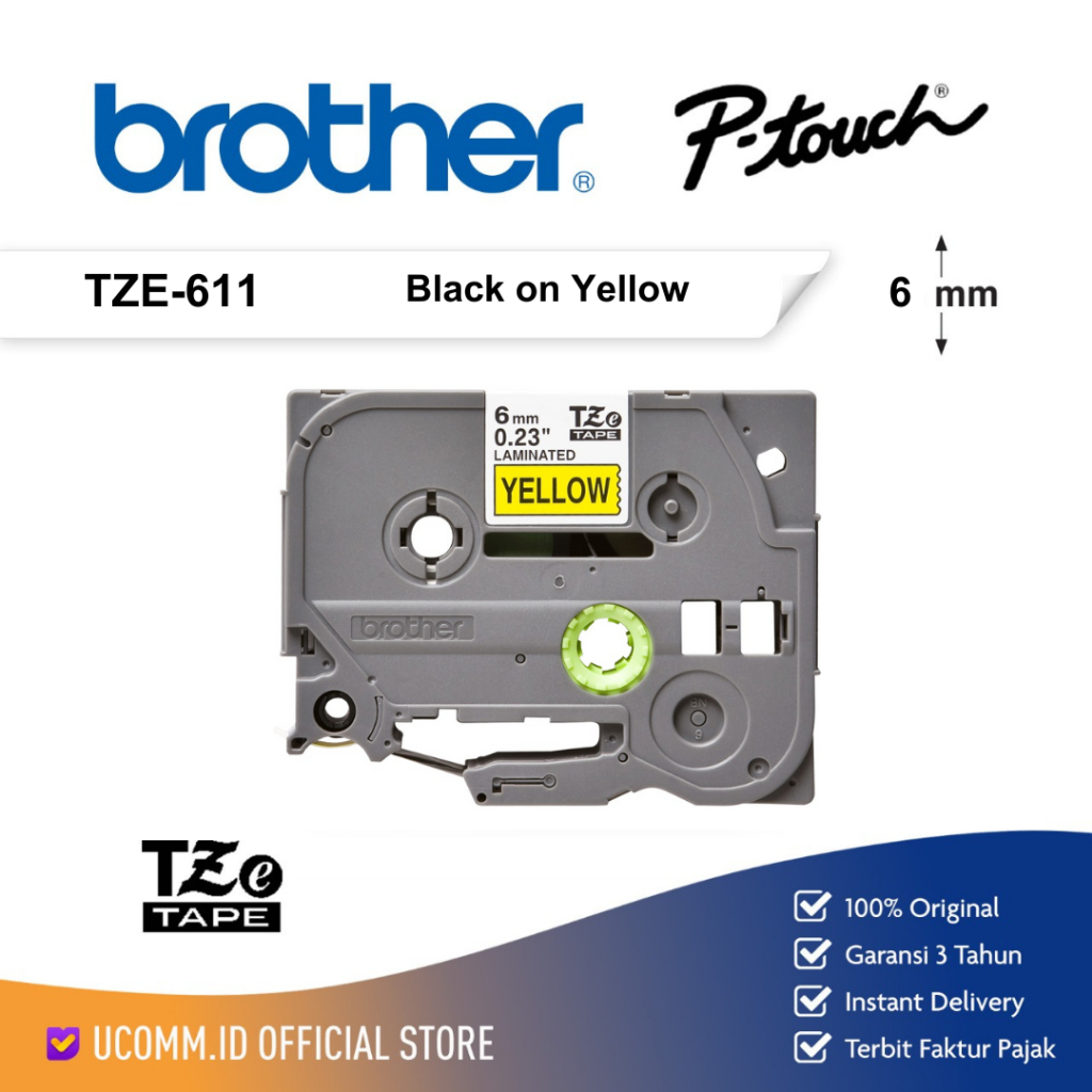 

Brother Label Tape TZe-611 TZe611 6mm Black On Yellow Laminated Tape Original