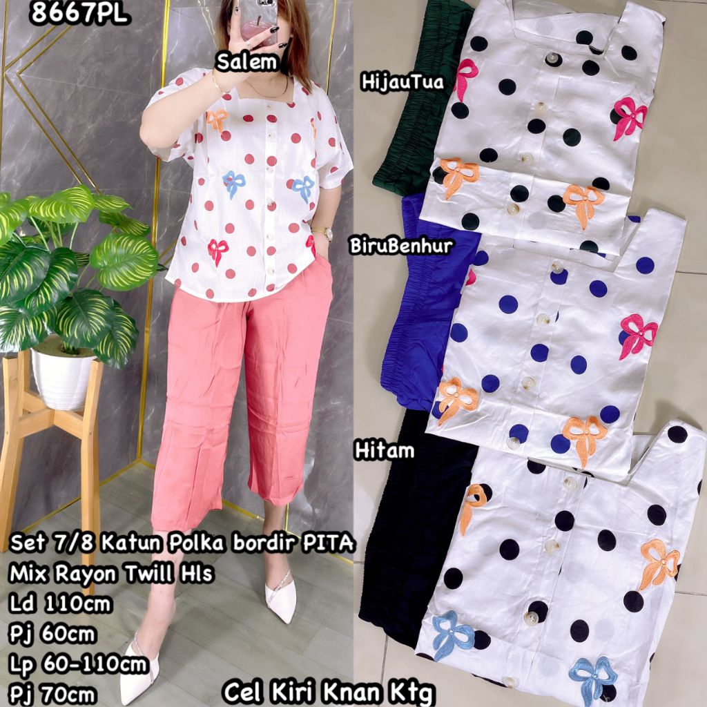 setelan celana 7per8 wanita katun polka kombi twill halus 8667
