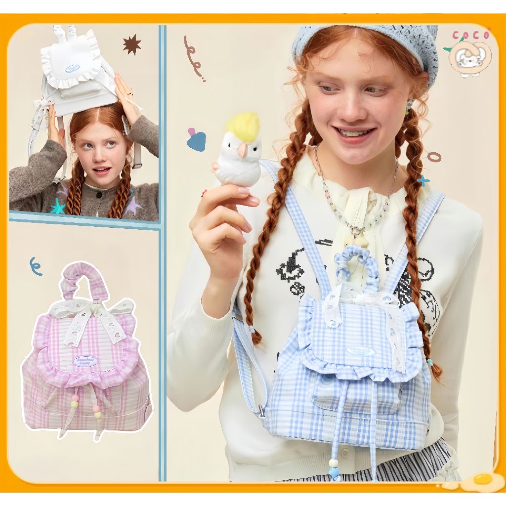 Tas Sekolah Kotak-Kotak Baru/Tas Ransel Renda Korea/Tas Sekolah Y2k Wanita/Tas Komuter Gaya Kuliah/T