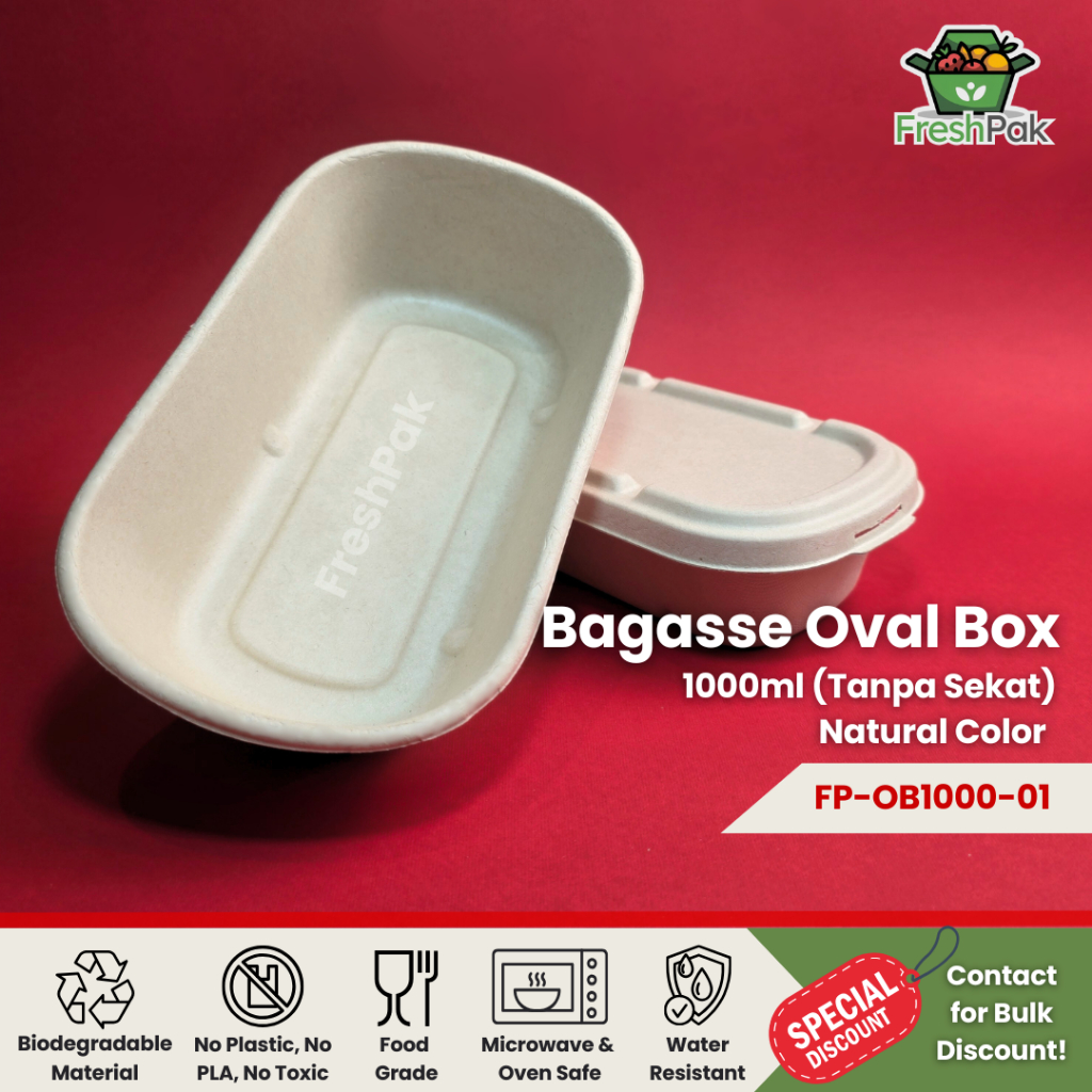 FreshPak Bagasse Oval Box 1000 ml Sugarcane Eco Friendly Food Grade Lunch Bento Box Packaging Microw