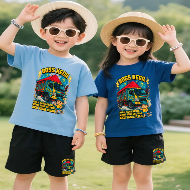 Setelan Anak Kaos & Celana Pendek | Baju Unisex Usia 5-15 Tahun | Motif BOS KECIL TRUCK