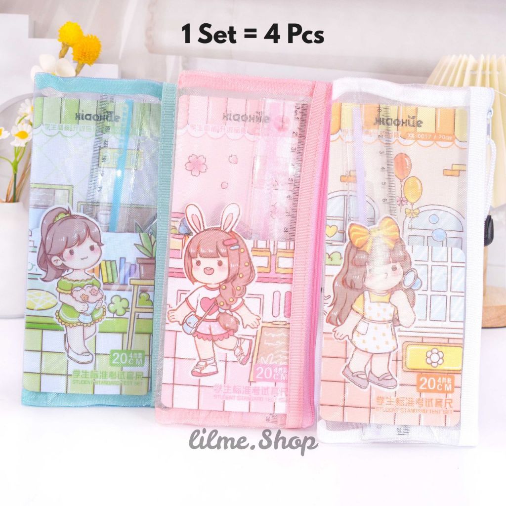 

[1 Set 4 Pcs] Penggaris Plastik Set Lengkap Dengan Zipper Pouch Jaring Cute Girl