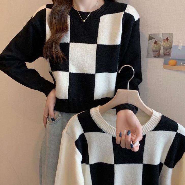 COD  Crop top rajut lengan panjang wanita korea sweater atasanyikoo KOTAK KOTAK SWEATER RAJUT CROP T