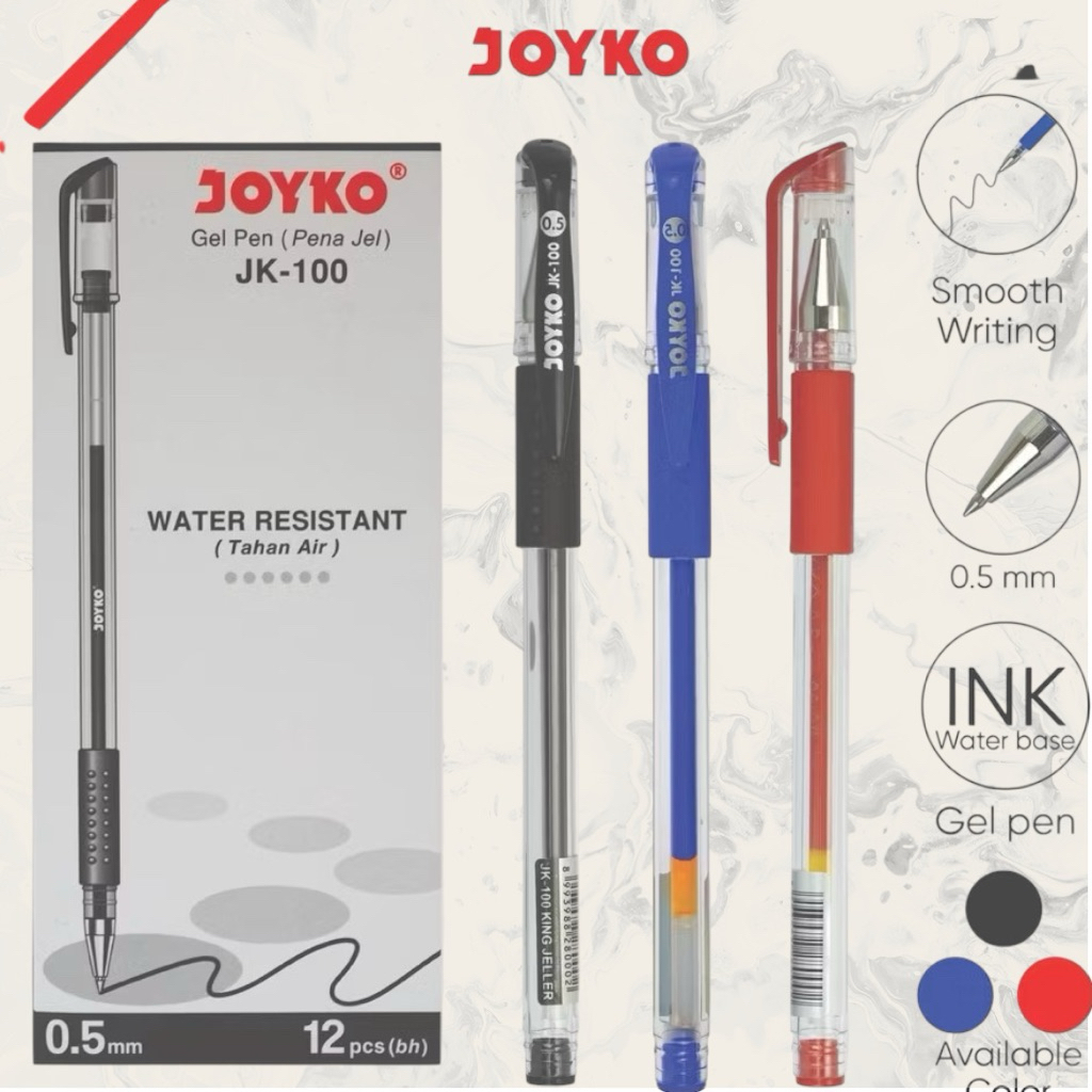 

Pulpen Gel Joyko JK-100 Gel Pen (Pena Gel) 0.5mm 1pack isi 12pcs Tahan Air Cod