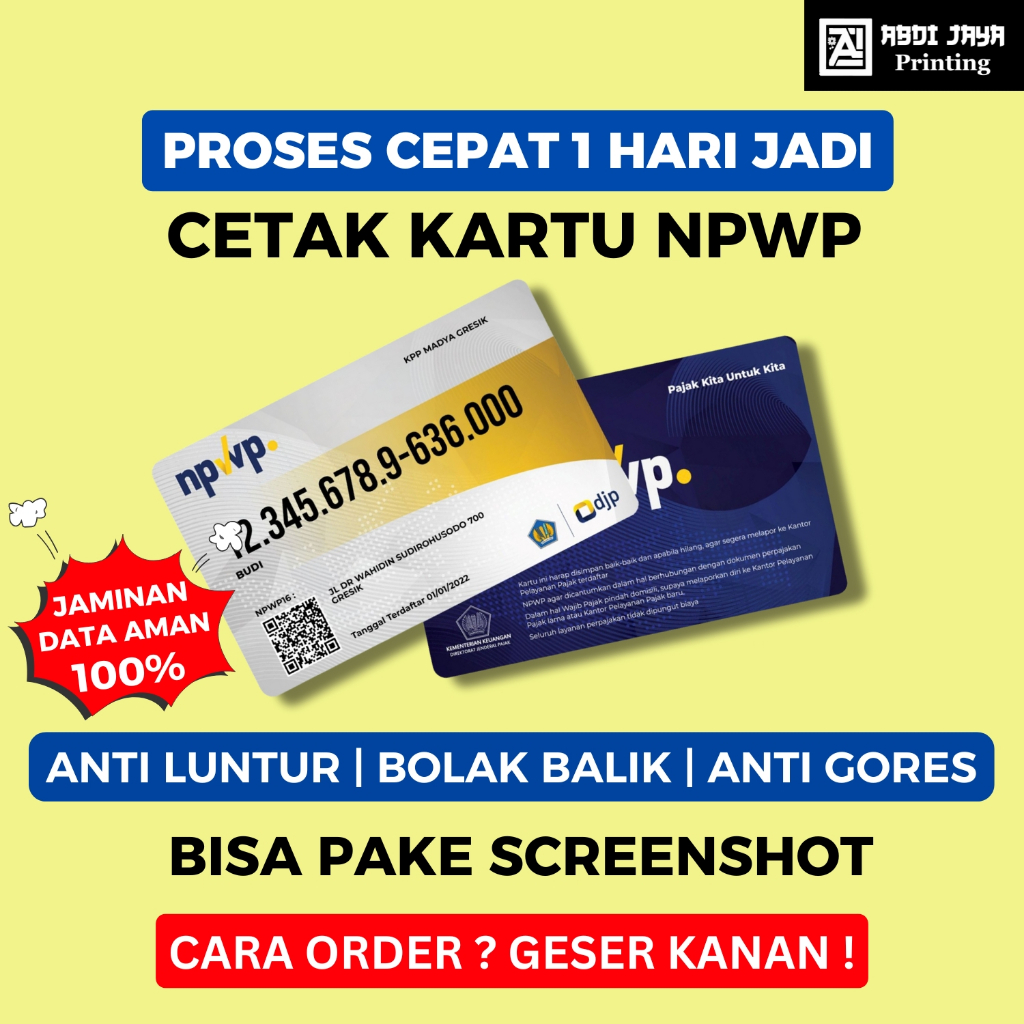 

Cetakk Kartu NPWP 1 HARI JADI Bisa Satuan (Tanpa Minim Order)