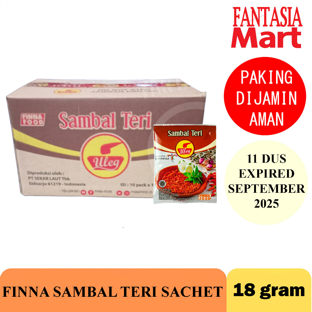 

FINNA SAMBAL ULEG TERI SACHET EXPIRED SEPTEMBER 2025 PER 11 DUS FANTASIA DENGAN PAKING AMAN
