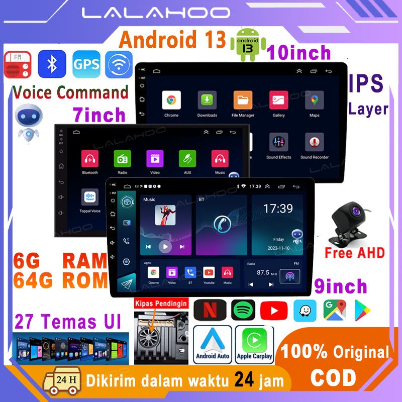 Dual KipasLALAHOO 8G+128G Android 13 Head Unit 7/9/10 Inch IPS Layer Mobil Navigasi Untuk TOYOTA