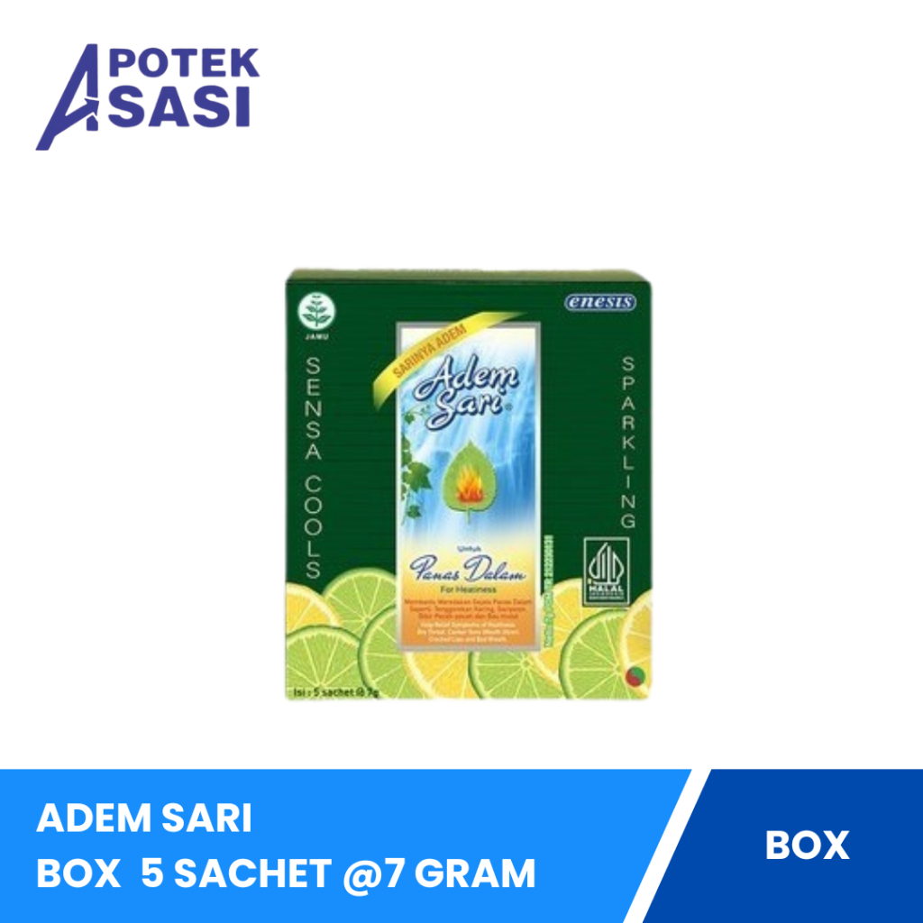 

Adem Sari Box Isi 5 Sachet @7 Gram - Meredakan Panas Dalam, Sakit Tenggorokan, Bibir Pecah-pecah (ED 1/2026)