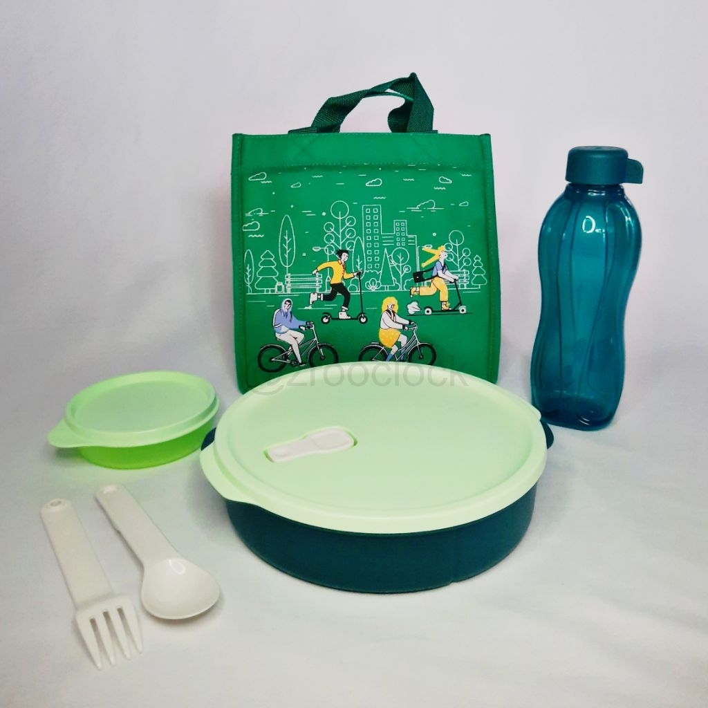 Set Bekal Tupperware/Tepak Makan/Botol Minum/Tas Bekal/Fit to Go Tupperware Green