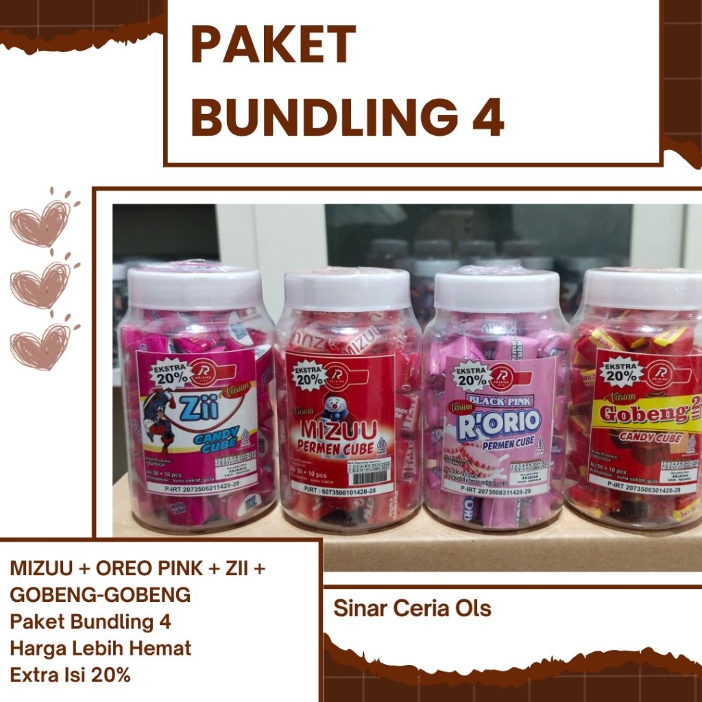 

Permen Bundle 4 Candy Cube MIZZU + OREO PINK + ZII + GO BENG BENG / Candy Cube isi 60pcs Rendah gula