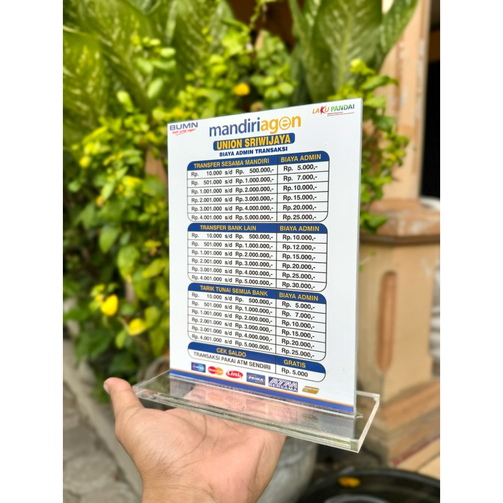 

PAPAN MEJA AKRILIK AGEN BANK MANDIRI UKURAN 15x20cm BISA CUSTOM
