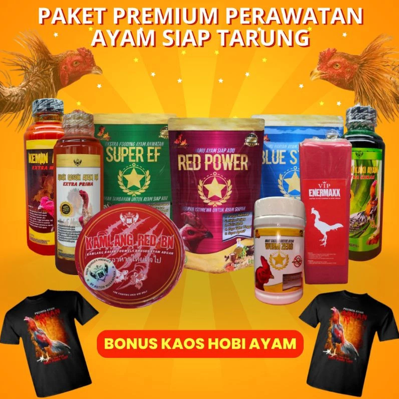 PAKET PREMIUM Jamu Ayam Aduan Doping Obat Cacing Ekstra Fooding Vitamin + Bonus Kaos