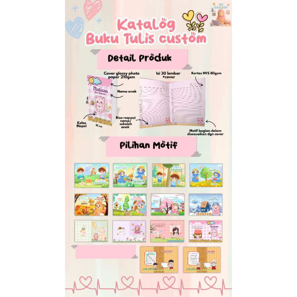 

Buku tulis custom nama, dengan karakter lucu, tersedia motif cewek cowok
