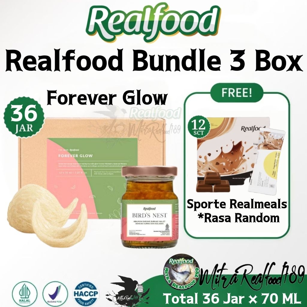 

Realfood Bundle Forever Glow 36 Jar Bonus Realmeals 12 Sct ( Minuman Sarang Burung Walet )