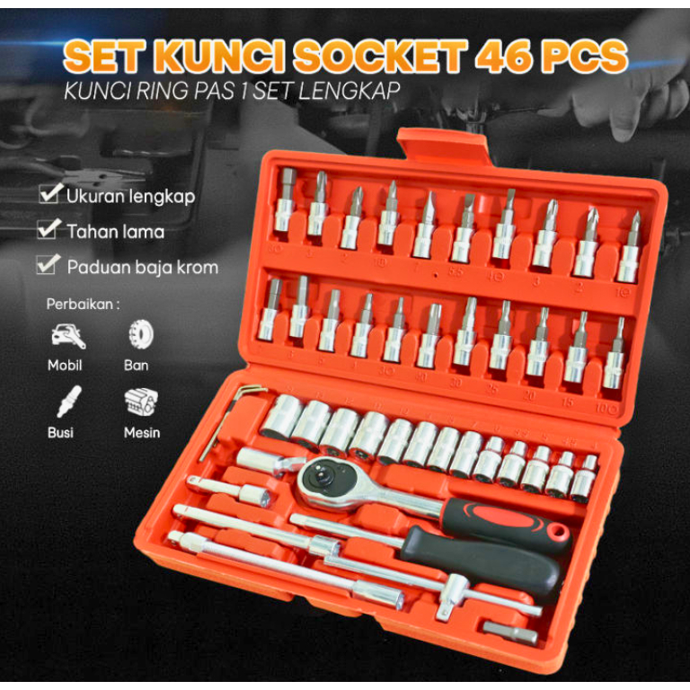 Kunci Shock Set 46 PCS Full Set (1/4 ") Pas Ring L Motor Kunci / Kunci Set Lengkap / Kunci Ring Pas 