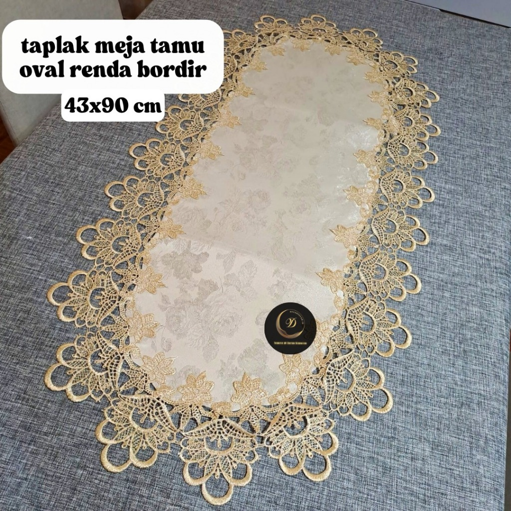 Taplak Meja Tamu Oval Renda Bordir Mewah Taplak Meja Oval Bordir Premium 43×90 Cm