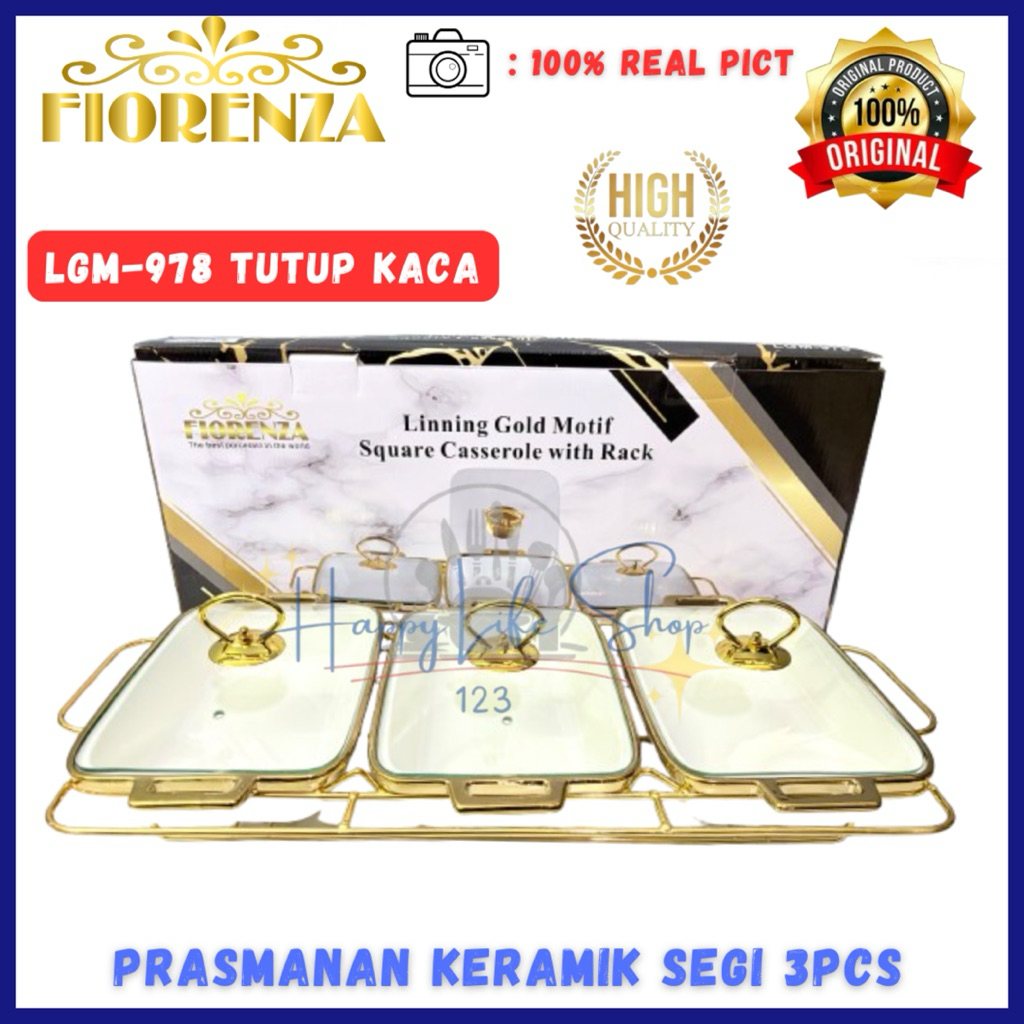 Prasmanan Set Segi Isi 3 + Tutup + Rak MP 978 GL Dan LGM 978 GL / Prasmanan Keramik FIORENZA / FIORE