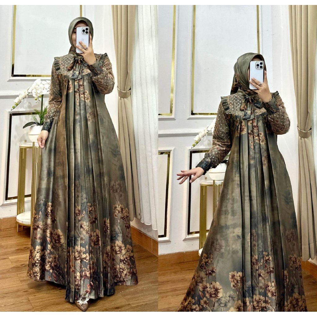 gamis motif armany brown kombinasi tile kotak set hijab terbaru/dress fashion wanita