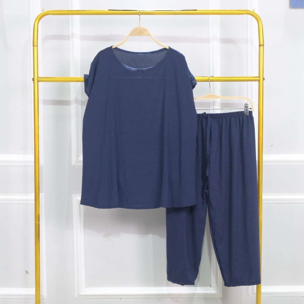 Setelan Babydoll One Set Piyama Wanita Dewasa Busui Rayon Polos Celana Selutut 7/8