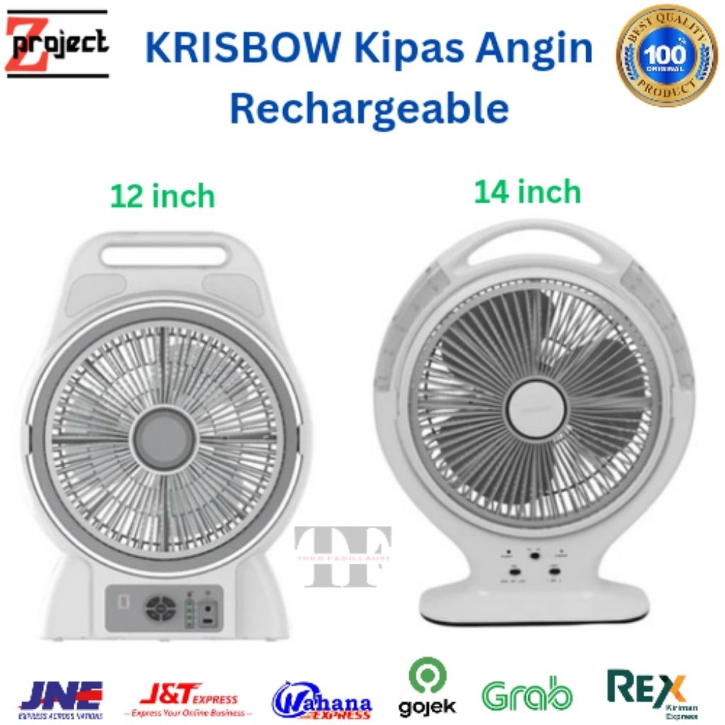 KRISBOW Kipas Angin Rechargeable 12 inci 14 Inci / Kipas Angin Dengan Lampu Led Emergency Darurat / 