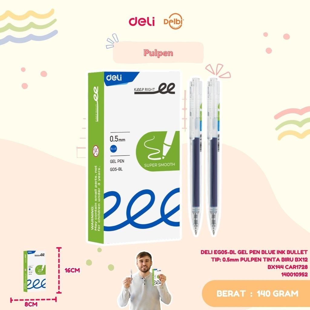 

DELI EG05-BL GEL PEN BLUE INK BULLET TIP: 0.5mm PULPEN TINTA BIRU BX12 BX144 CAR1728