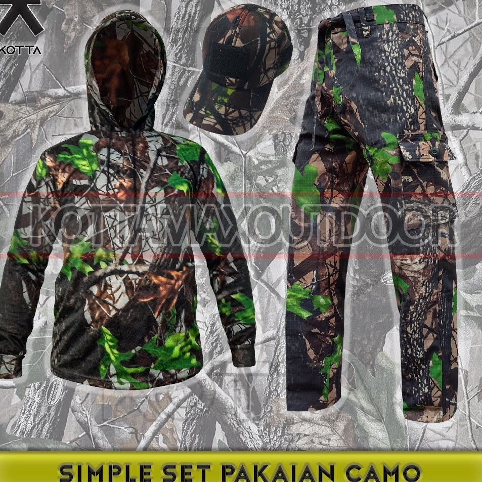 SATU SET SETELAN BAJU KAOS HOODIE CELANA TOPI KAMUFLASE CAMO PERBAKIN HUNTING BERBURU DECKER