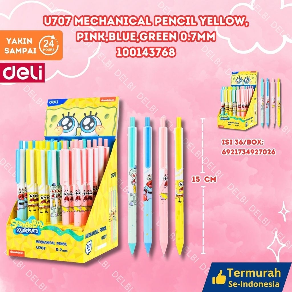 

DELI U707 Mechanical Pencil Yellow, Pink,Blue,Green 0.7mm PENSIL BX288 BX36 BX1152 BX3