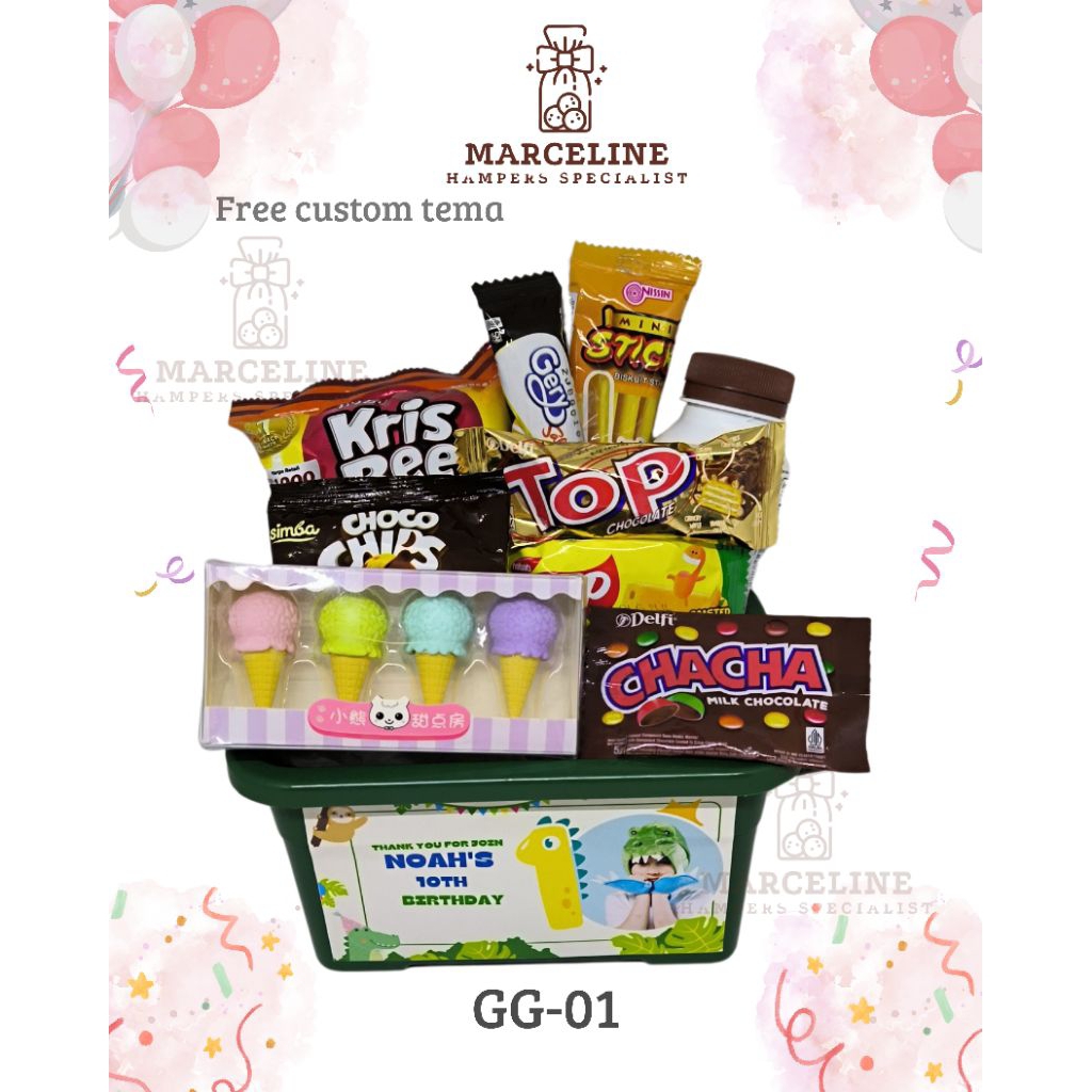

Hampers ulang tahun anak. Bingkisan snack ulangtahun anak, free design tema sesuai keinginan anak.