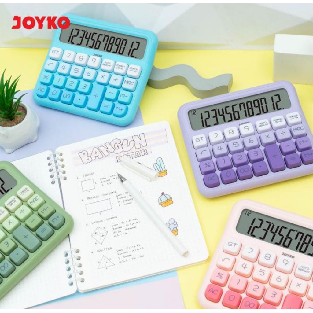 

JOYKO Calculator KalkulatorAesthetic CC-63DCO 12 Digits Check &Correct - biru ungu pink hijau untuk