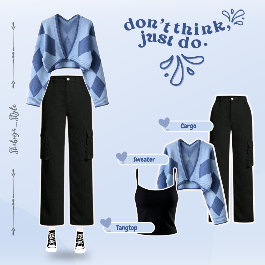 Setcel Wanita Kekinian- Sweater Biru Croptop- Cargo Hitam Saku Kanan Kiri- Tangtop RIB Hitam - SS012