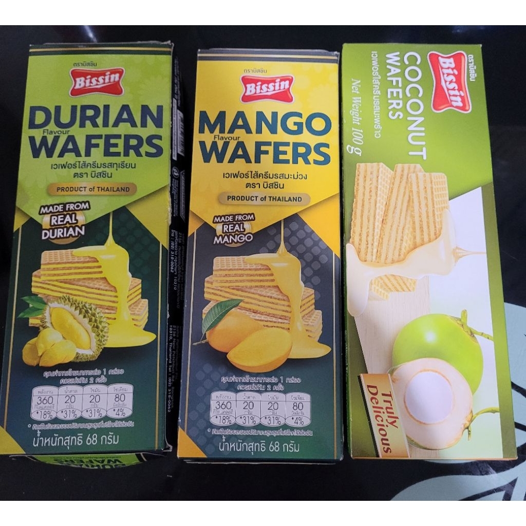 

Bissin Durian Wafers, Bissin Mango Wafers, Bissin Coconut Wafers Thailand