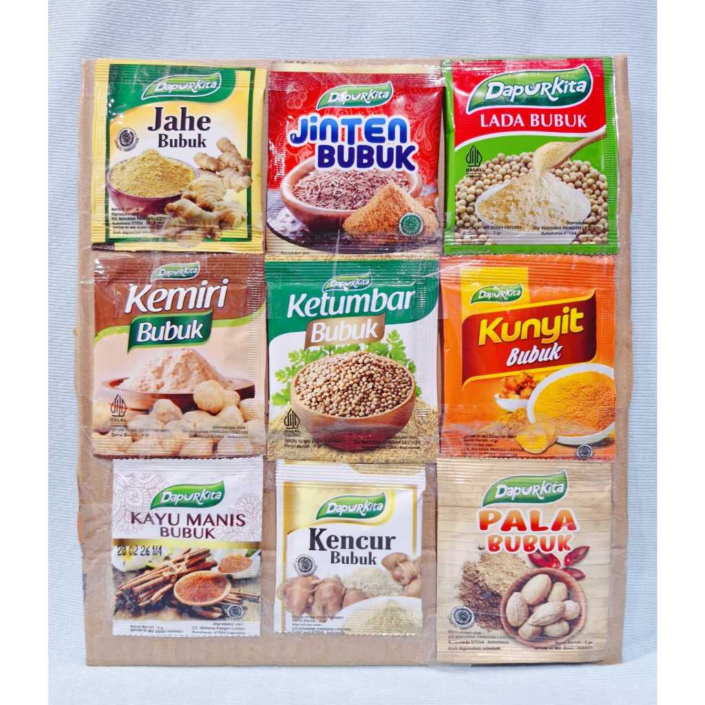 

Dapur Kita Lada Bubuk / Jinten Bubuk / Kunyit Bubuk / Ketumbar Bubuk / Kayu Manis Bubuk / Kencur Bubuk / Pala Bubuk / Kemiri Bubuk / Jahe Bubuk (1 Sachet)