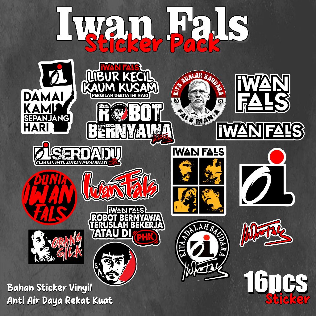 

SyndicateMusicMerch STIKER Pack IWAN FALS SERIES | Stiker Band Iwan Fals Sticker Hp Pack Laptop Tumbler Helm Anti Air | Sticker 16 Pcs Band Iwan Fals Sticker pack Fals Mania sudah terpotong anti air anti Luntur