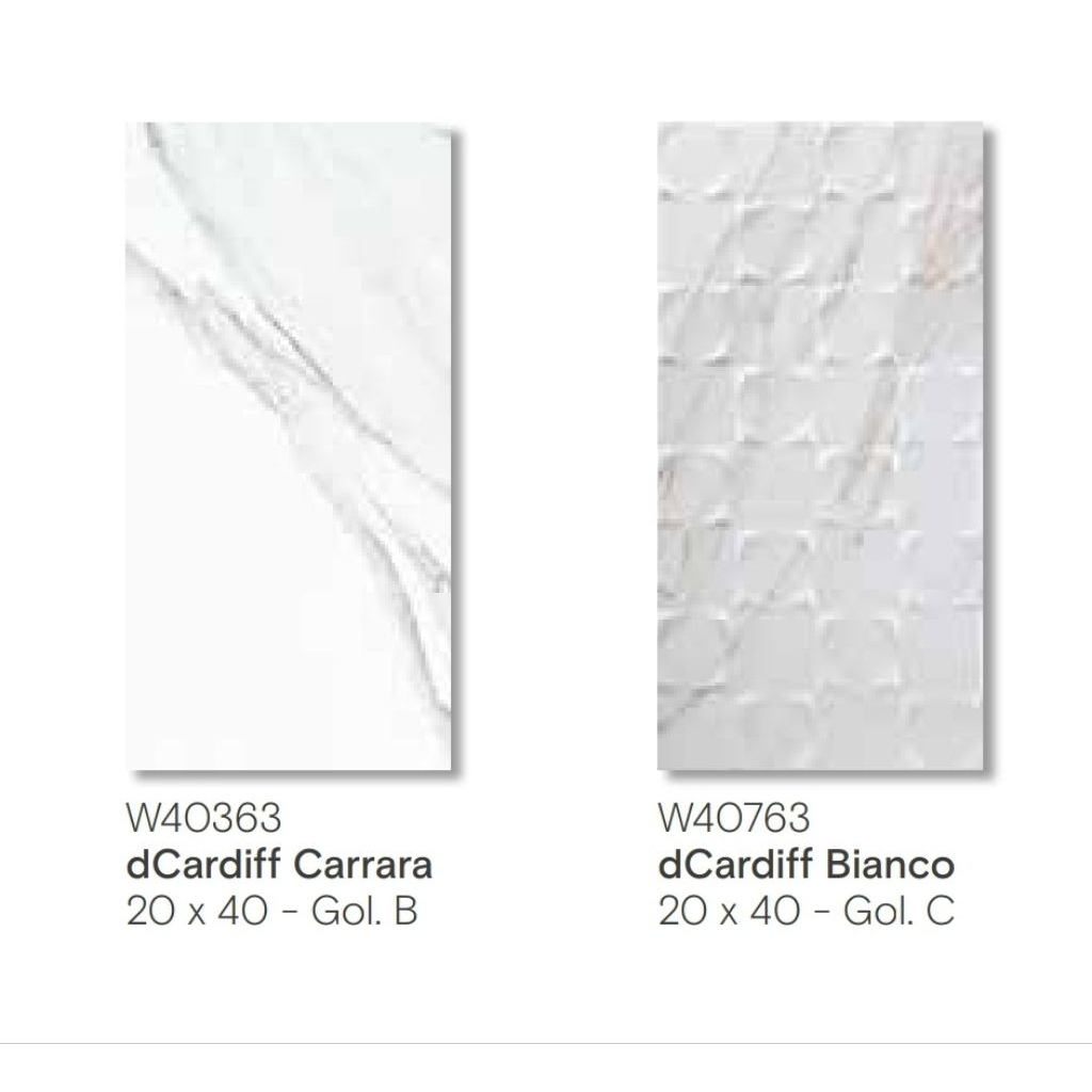 KERAMIK DINDING MEREK ROMAN TYPE d'CARDIFF CARRARA GOL.B d'CARDIFF BIANCO GOL.C UKURAN 20X40 GLOSSY