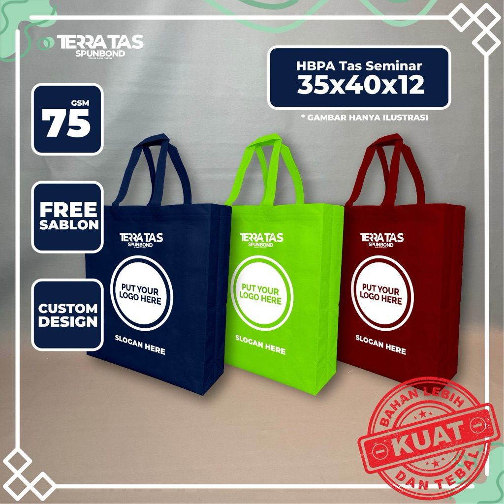 

Custom Sablon Tas Seminar 75 GSM 35x40x12 Spunbond Souvenir Goodie Bag HBPA