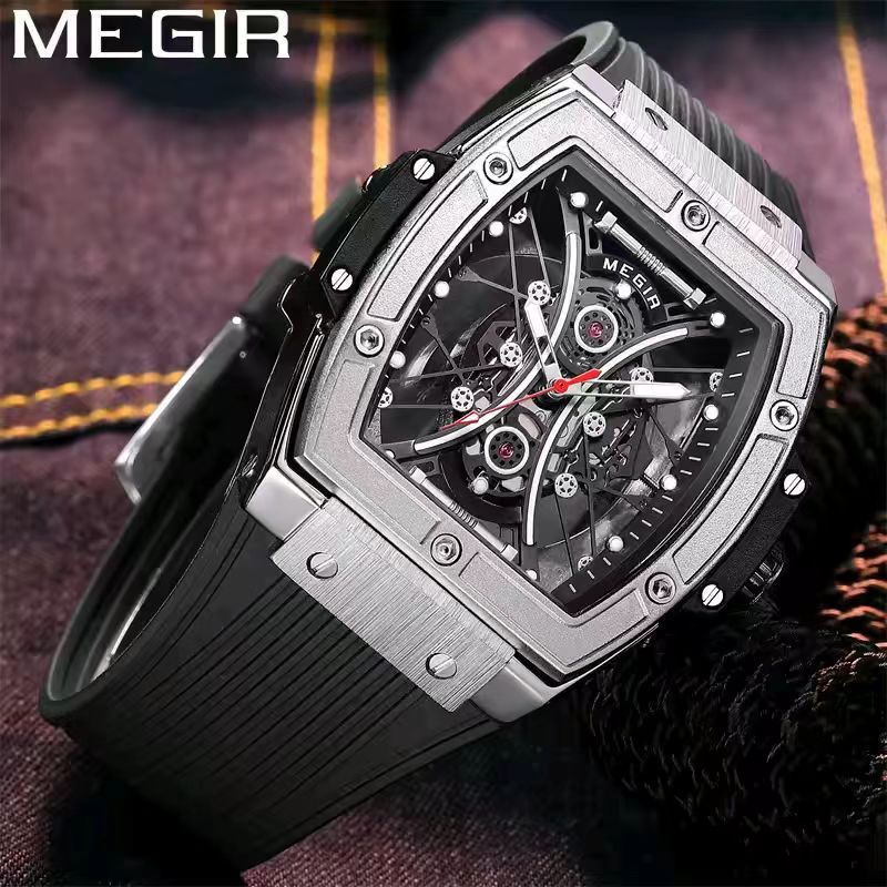 MEGIR 8109 Top Sport Quartz Watches for Men Luxury Transparent bottom Military Silicone Wrist Watch 