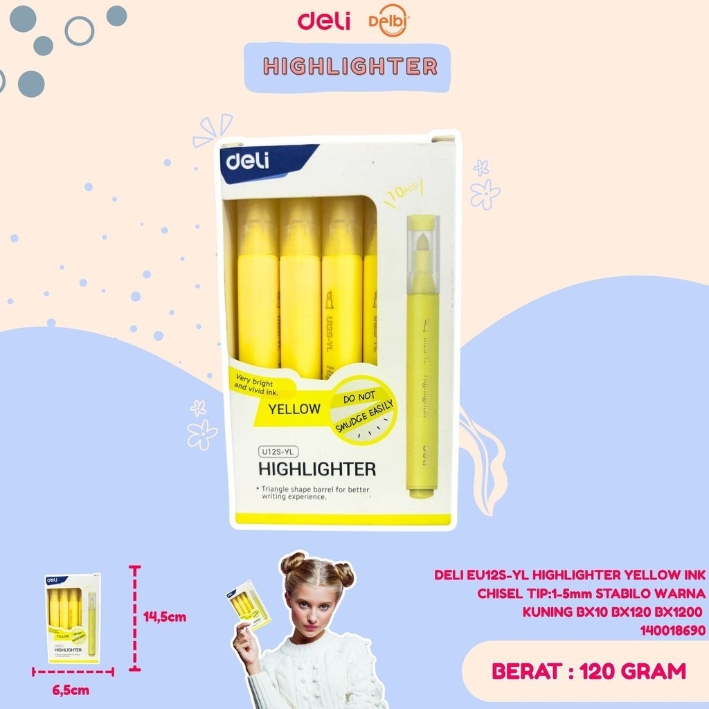 

DELI EU12S-YL HIGHLIGHTER YELLOW INK CHISEL TIP:1-5mm STABILO WARNA KUNING BX10 BX120 BX1200