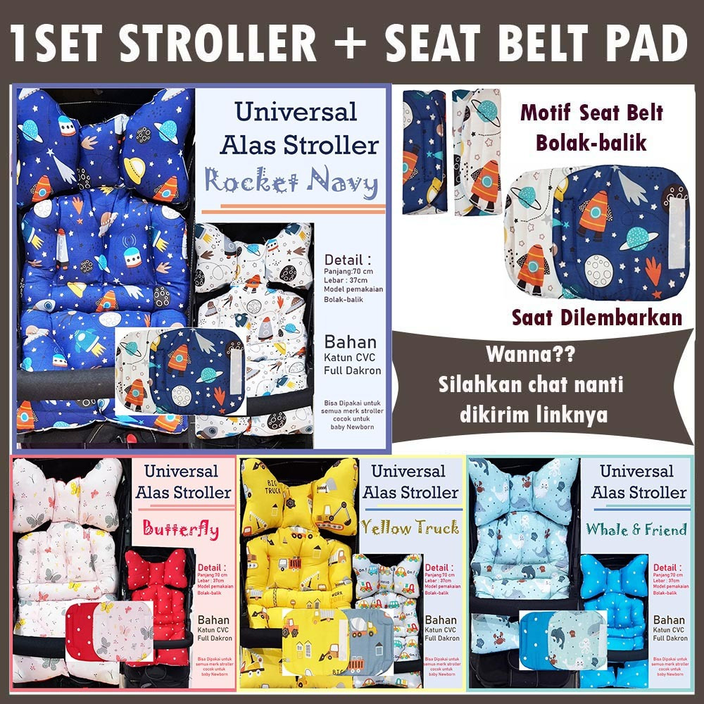1SET STROLLER PAD + SEAT PAD BELT motif bolak-balik