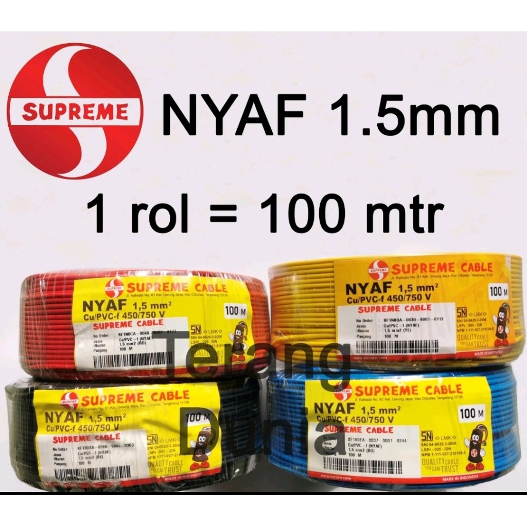 Kabel Serabut Tunggal 1x1.5mm Kabel NYAF 1.5mm Supreme 100meter Supreme Kabel Serabut 1.5mm Supreme 