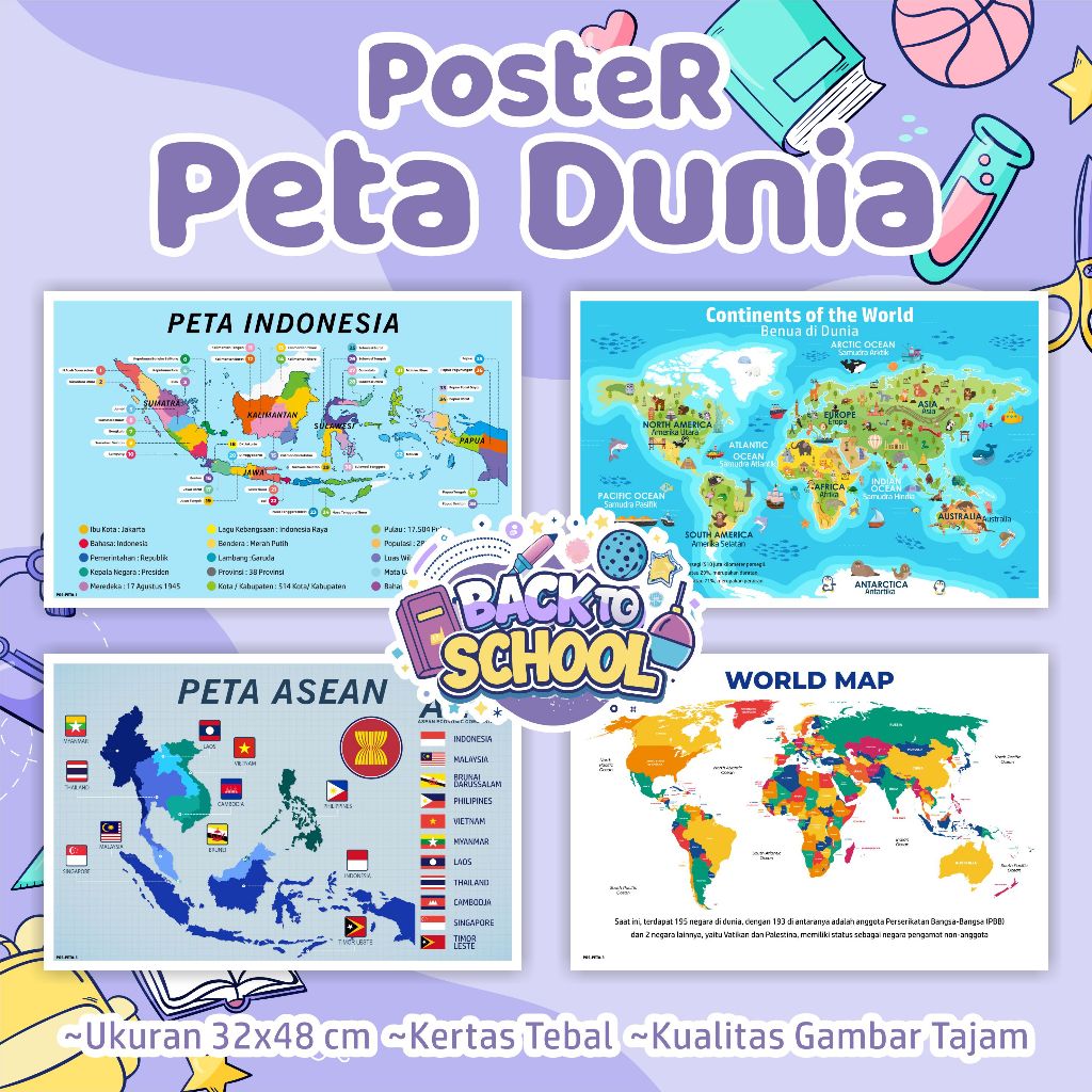 Poster PETA DUNIA - Poster edukasi anak peta indonesia, peta asean