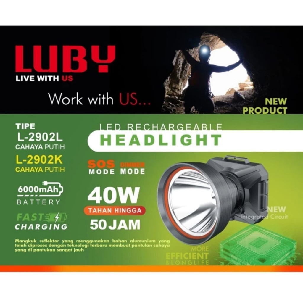 Senter Kepala Jumbo 40 Watt Luby L-2902 Cahaya Putih Tahan 50 Jam