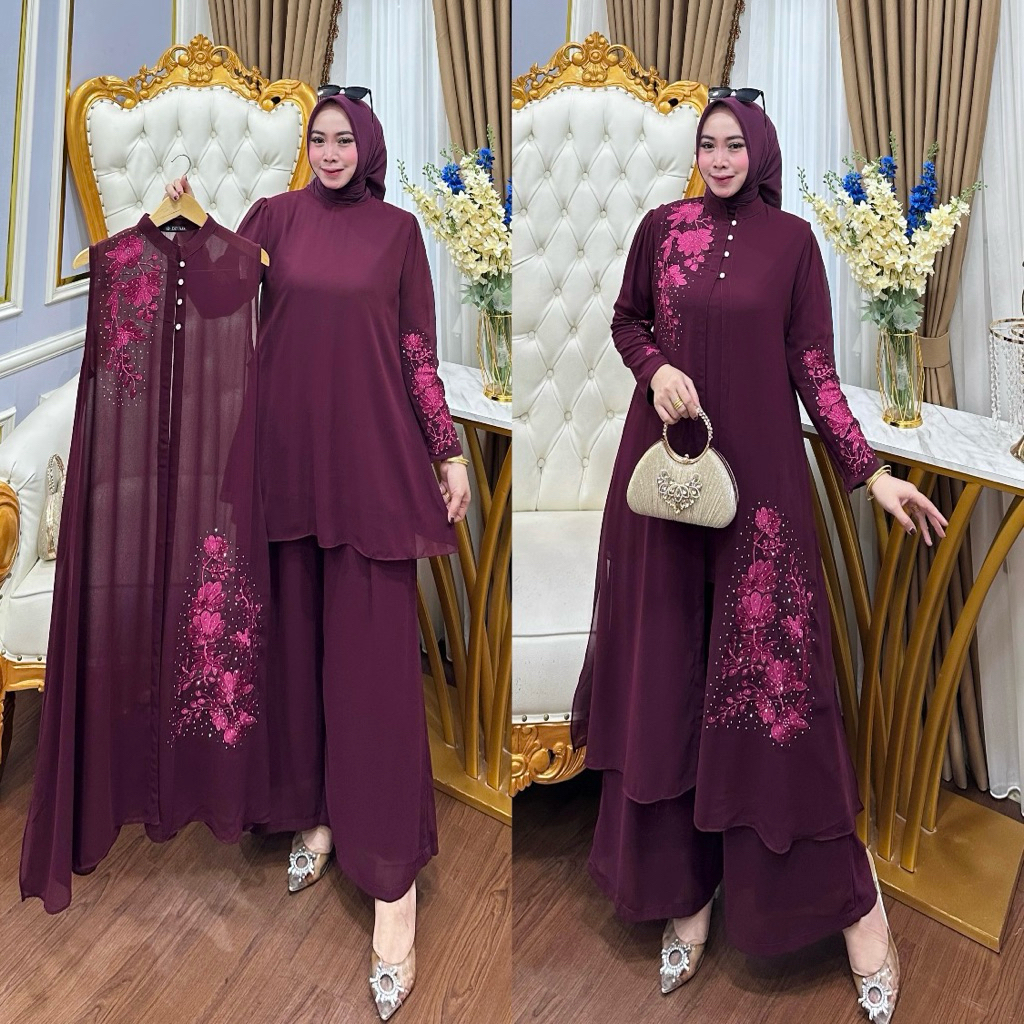 Awet Syauqi.Series - Setelan Celana Wanita Muslimah 3In1 Gamis Bordir Bahan Ceruty Babydoll