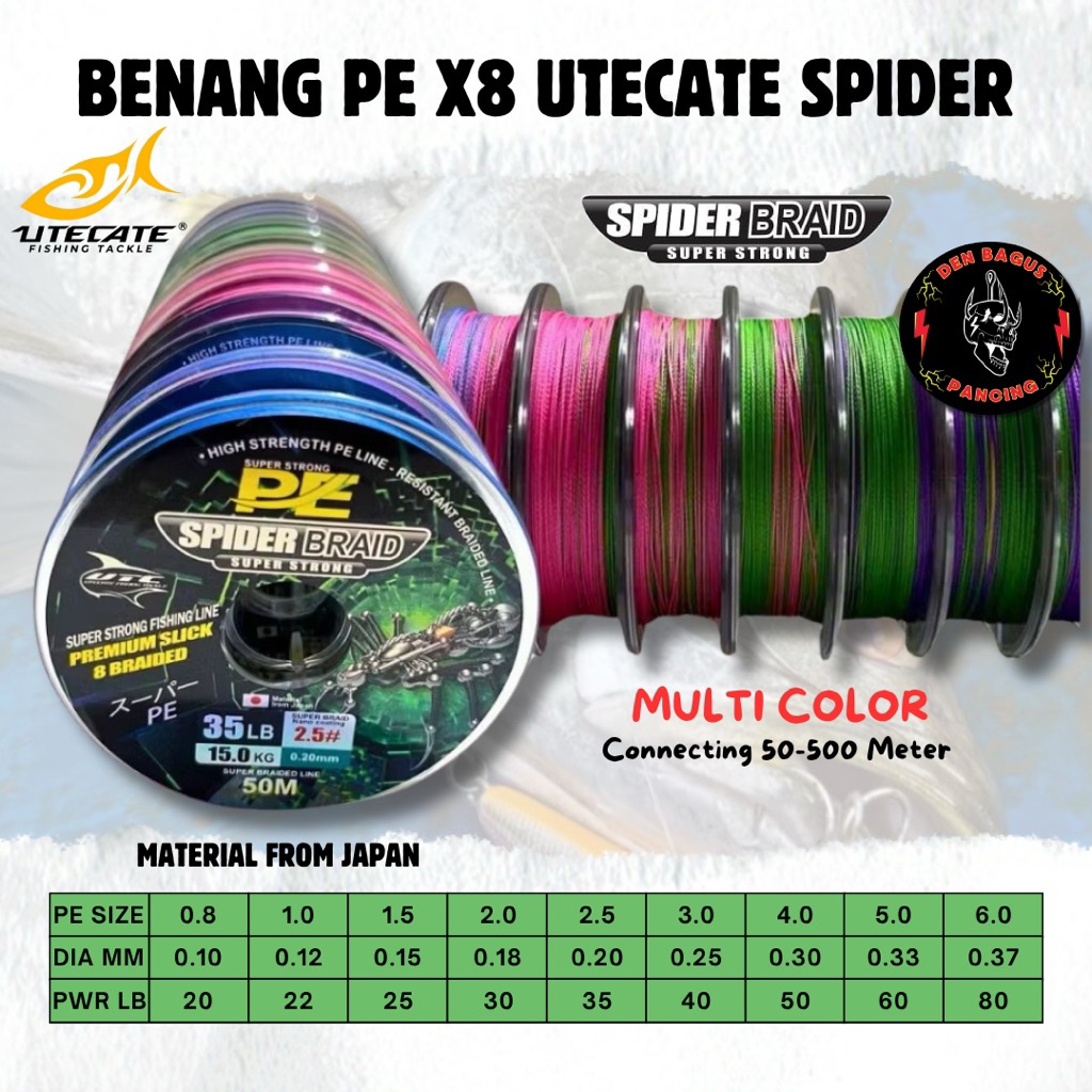 Senar Pancing PE X8 Utecate Spider 50 Meter Multifilament Super Kuat Warna Hitam Hijau Pelangi Conne