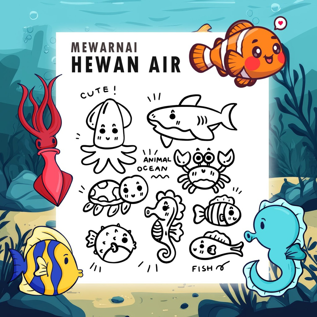 

25 Lembar A5 | Kertas Mewarnai tema Hewan Air | 25 Kertas gambar berbeda