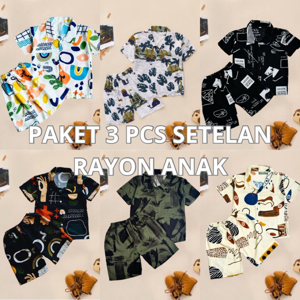 Baju Setelan Stelan One Set Rayon Paket 3 Pcs Kemeja Pantai Tidur Anak Laki Laki Perempuan 1 2 3 4 5